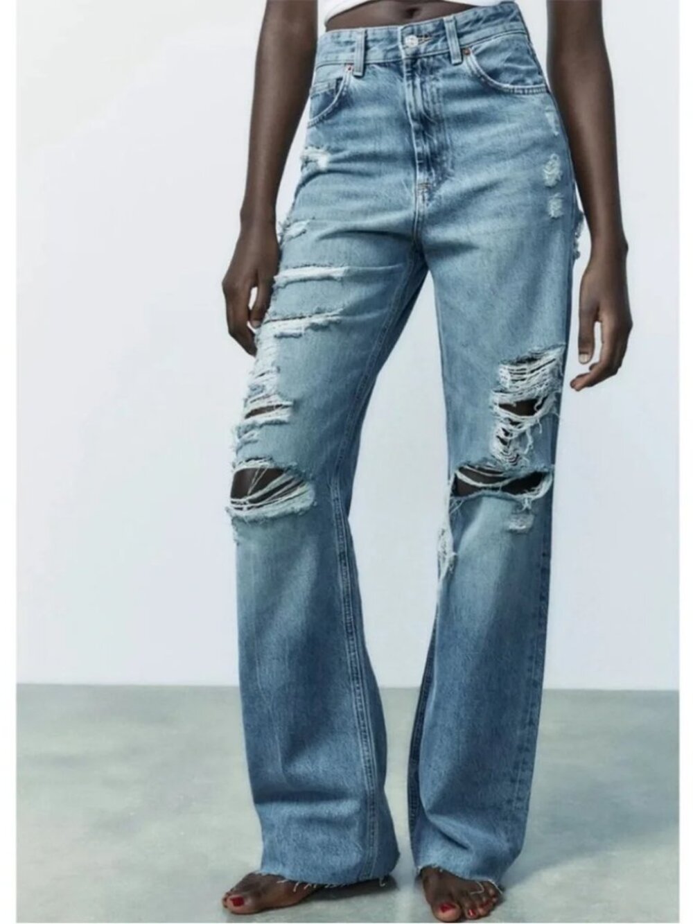 Zara Wide Leg High Rise Full Length Washed Distressed Ripped Denim Jeans NWT